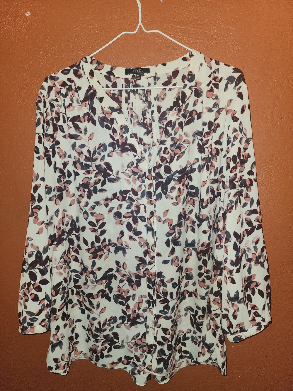 NYDJ Cream V-Neck Blouse with Pink and Black Leaf Print